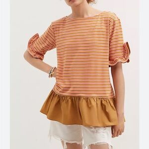 Maeve by Anthropologie Striped Ruffled Peplum Top SZ L VGUC